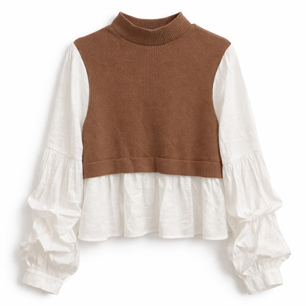 Anthropologie Peplum Sweater Top Size L Brown Ribbed Knit Ruffle Sleeve Blouse